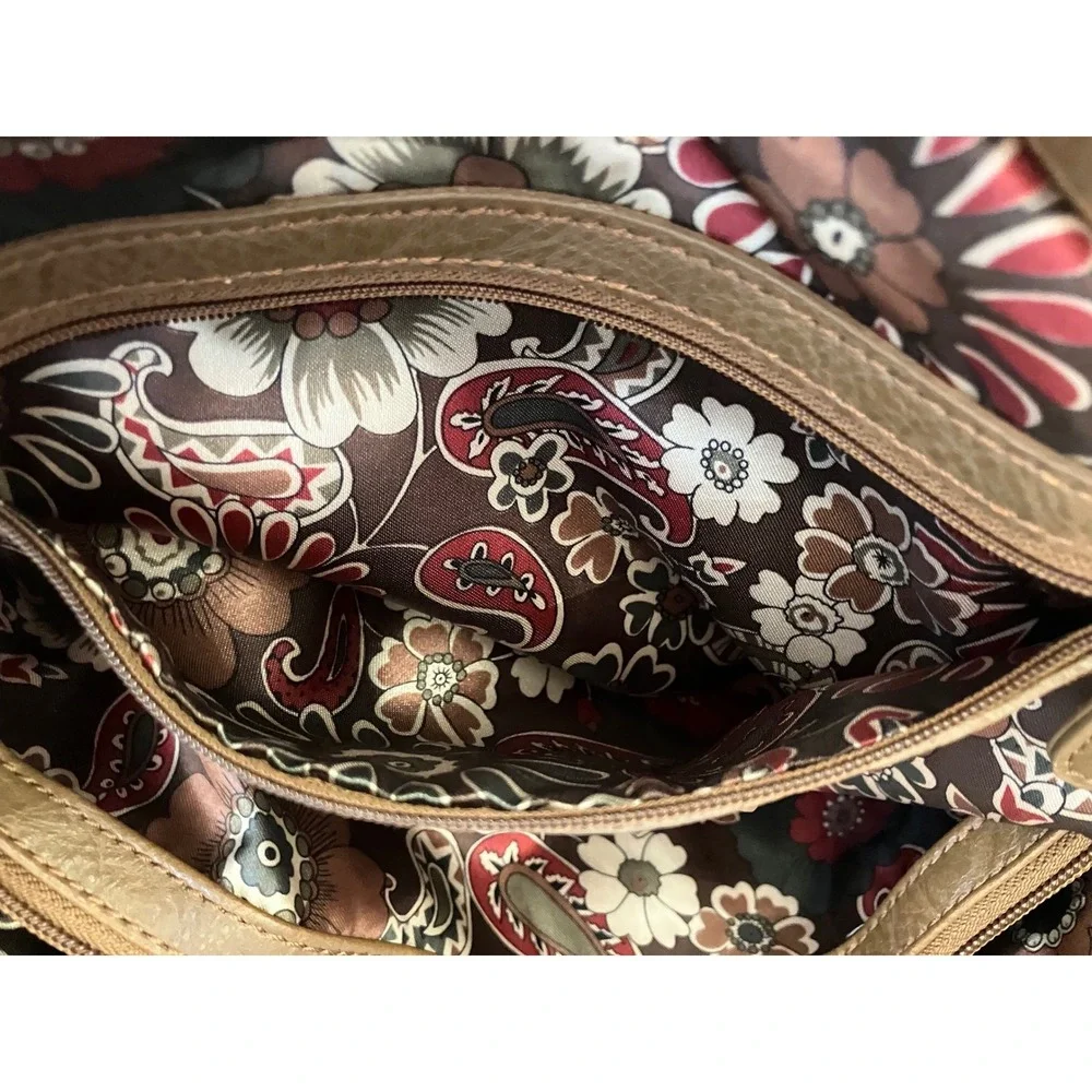 Vtg Tignanello Brown Leather‎ Suede Hobo Shoulder Bag Floral Paisley Lining